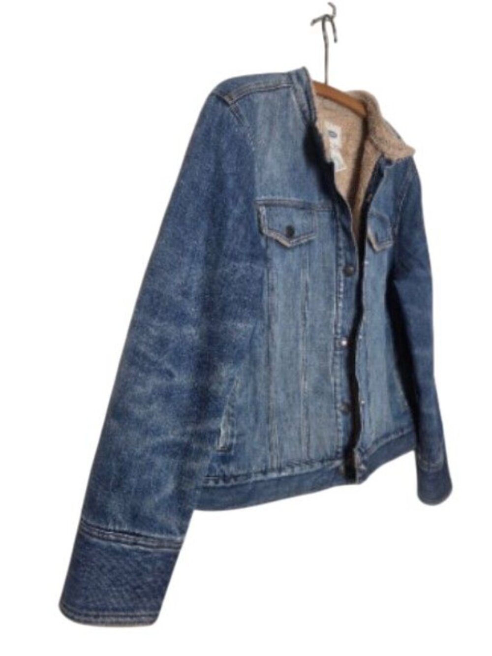 Vintage Old Navy Sherpa Lined Denim Jacket Medium Wash Blue Jean Trucker Coat - Picture 12 of 13